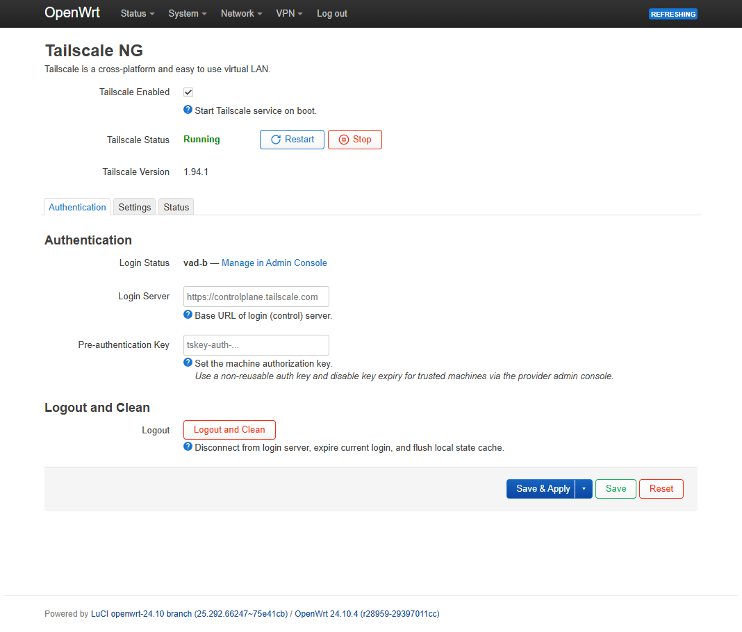 Tailscale NG Authentication tab