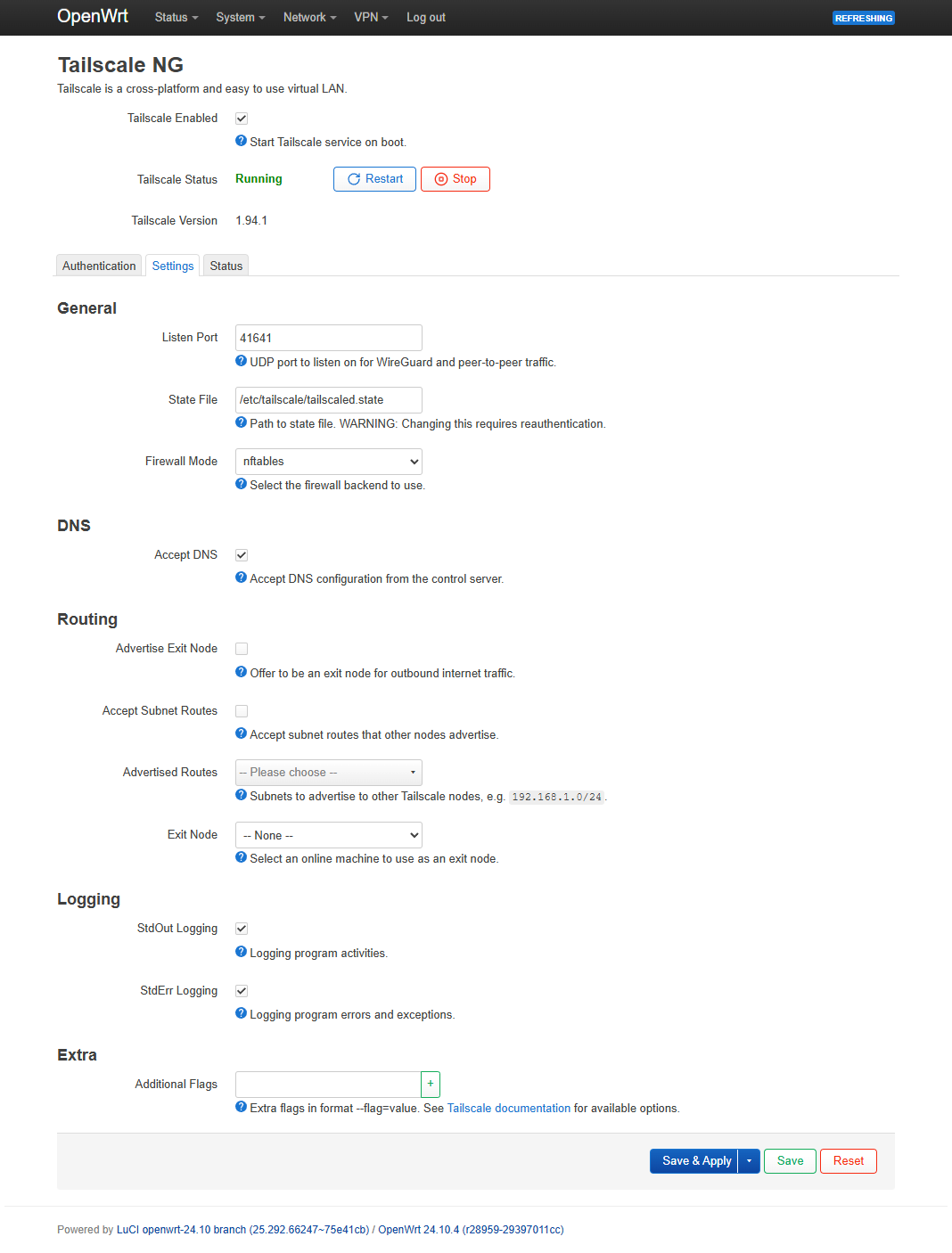 Tailscale NG Settings tab
