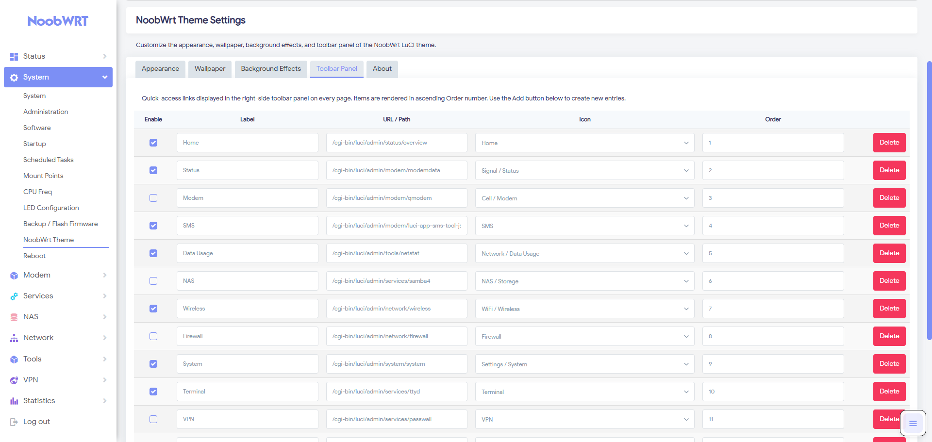 Theme Settings — Toolbar Panel
